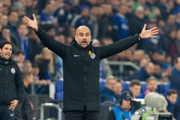 GELSENKIRCHEN, GERMANY - FEBRUARY 20: head coach Pep Guardiola of Manchester City gestures during the UEFA Champions League Round of 16 First Leg match between FC Schalke 04 and Manchester City at Veltins-Arena on February 20, 2019 in Gelsenkirchen, Germany. (Photo by TF-Images/TF-Images via Getty Images)
