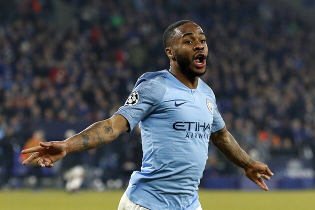 Manchester City's English forward Raheem Sterling celebrates after scoring the winning 2-3 goal during the UEFA Champions League round of 16 first leg football match between Schalke 04 and Manchester City  on February 20, 2019 in Gelsenkirchen, Germany. (Photo by Odd ANDERSEN / AFP)        (Photo credit should read ODD ANDERSEN/AFP/Getty Images)