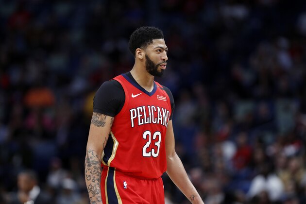 New Orleans Pelicans forward Anthony Davis (23) during the first half of an NBA basketball game in New Orleans, Thursday, Feb. 14, 2019. (AP Photo/Tyler Kaufman)