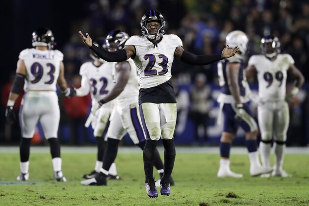 Baltimore Ravens strong safety Tony Jefferson celebrates after a touchdown by Tavon Young on a fumble by Los Angeles Chargers tight end Antonio Gates during the second half in an NFL football game Saturday, Dec. 22, 2018, in Carson, Calif. (AP Photo/Marcio Jose Sanchez)