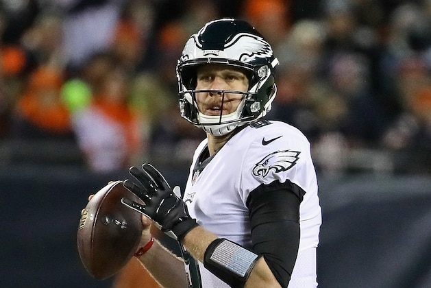 CHICAGO, IL - JANUARY 06:  Nick Foles #9 of the Philadelphia Eagles looks for a receiver against the Chicago Bears during an NFC Wild Card playoff game at Soldier Field on January 6, 2019 in Chicago, Illinois. The Eagles defeated the Bears 16-15.  (Photo by Jonathan Daniel/Getty Images)