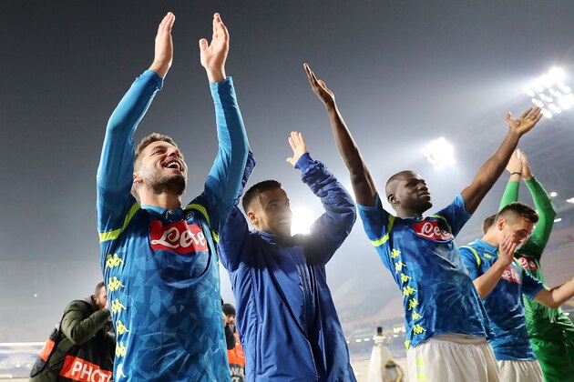 NAPLES, ITALY - FEBRUARY 21: Adam Ounas, Dries Mertens, Kalidou Koulibaly of SSC Napoli celebrate the victory after the UEFA Europa League Round of 32 Second Leg match between SSC Napoli v FC Zurich at Stadio San Paolo on February 21, 2019 in Naples, Italy.  (Photo by Francesco Pecoraro/Getty Images)