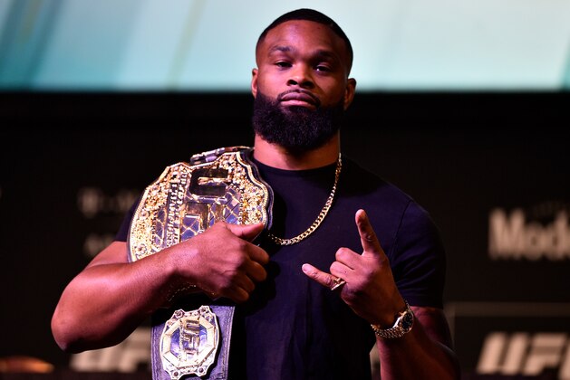 LAS VEGAS, NEVADA - JANUARY 31:  Tyron Woodley poses for photos during the UFC 235 Press Conference inside the David Copperfield Theater at MGM Grand on January 31, 2019 in Las Vegas, Nevada. (Photo by Chris Unger/Zuffa LLC/Zuffa LLC via Getty Images)