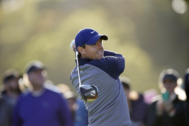 Rory McIlroy, of Northern Ireland, tees off on the 18th hole during the final round of the Genesis Open golf tournament at Riviera Country Club on Sunday, Feb. 17, 2019, in the Pacific Palisades area of Los Angeles. (AP Photo/Ryan Kang)