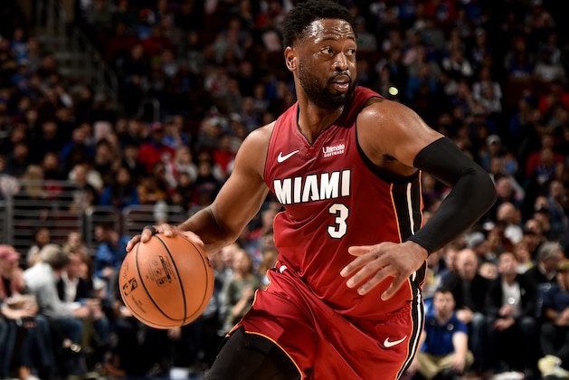 PHILADELPHIA, PA - FEBRUARY 21: Dwyane Wade #3 of the Miami Heat handles the ball during the game against the Philadelphia 76ers on February 21, 2019 at the Wells Fargo Center in Philadelphia, Pennsylvania NOTE TO USER: User expressly acknowledges and agrees that, by downloading and/or using this Photograph, user is consenting to the terms and conditions of the Getty Images License Agreement. Mandatory Copyright Notice: Copyright 2019 NBAE (Photo by David Dow/NBAE via Getty Images)