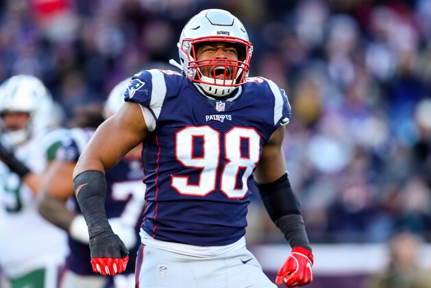 FOXBOROUGH, MASSACHUSETTS - DECEMBER 30: Trey Flowers #98 of the New England Patriots reacts during the third quarter of a game against the New York Jets at Gillette Stadium on December 30, 2018 in Foxborough, Massachusetts. (Photo by Maddie Meyer/Getty Images)