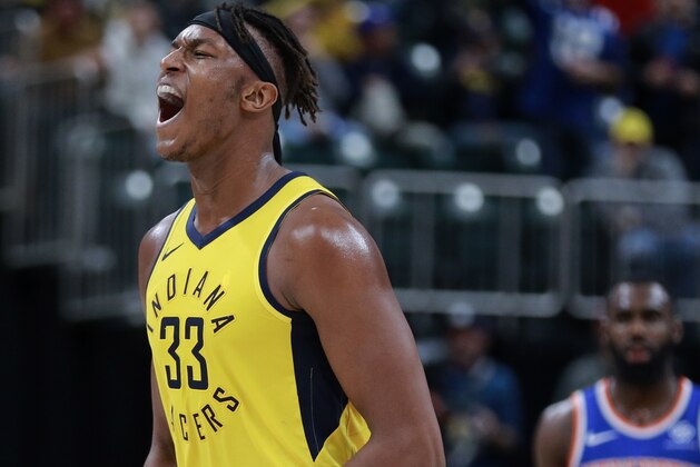 Indiana Pacers center Myles Turner reacts to a play during the second half of an NBA basketball game against the New York Knicks, Sunday, Dec. 16, 2018, in Indianapolis. (AP Photo/R Brent Smith)