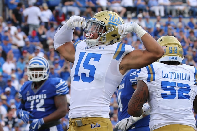 MEMPHIS, TN - SEPTEMBER 16: Jaelan Phillips #15 of the UCLA Bruins celebrates a play against the Memphis Tigers on September 16, 2017 at Liberty Bowl Memorial Stadium in Memphis, Tennessee. Memphis defeated UCLA 48-45. (Photo by Joe Murphy/Getty Images)