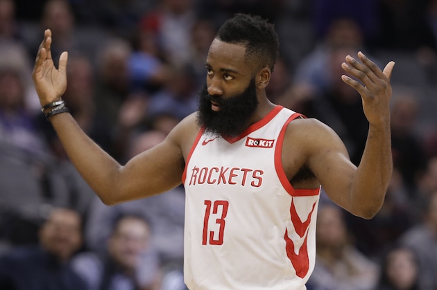 Houston Rockets guard James Harden waves to the crowd after he was called for a technical foul during the second half of the team's NBA basketball game against the Sacramento Kings, Wednesday, Feb. 6, 2019, in Sacramento, Calif. The Rockets won 127-101. (AP Photo/Rich Pedroncelli)