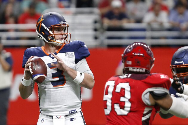 SAN ANTONIO, TEXAS - FEBRUARY 17: Garrett Gilbert #3 of the Orlando Apollos looks to pass the ball in an Alliance of American Football game against the the San Antonio Commanders at the Alamodome on February 17, 2019 in San Antonio, Texas. (Photo by Edward A. Ornelas/AAF/Getty Images)