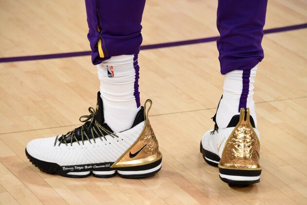 LOS ANGELES, CA - FEBRUARY 21: The sneakers of LeBron James #23 of the Los Angeles Lakers are worn prior to a game against the Houston Rockets on February 21, 2019 at STAPLES Center in Los Angeles, California. NOTE TO USER: User expressly acknowledges and agrees that, by downloading and/or using this Photograph, user is consenting to the terms and conditions of the Getty Images License Agreement. Mandatory Copyright Notice: Copyright 2019 NBAE (Photo by Adam Pantozzi/NBAE via Getty Images)