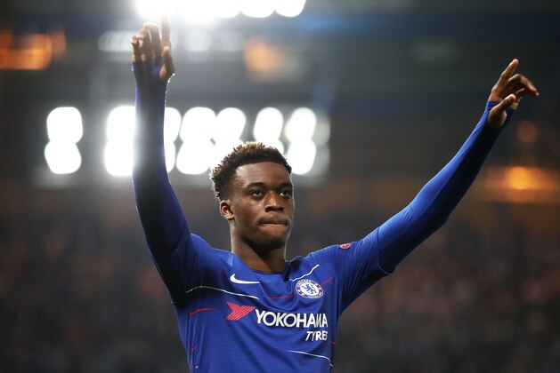 LONDON, ENGLAND - FEBRUARY 21:   Callum Hudson-Odoi of Chelsea celebrates scoring the third goal during the UEFA Europa League Round of 32 Second Leg match between Chelsea and Malmo FF at Stamford Bridge on February 21, 2019 in London, England. (Photo by Julian Finney/Getty Images)