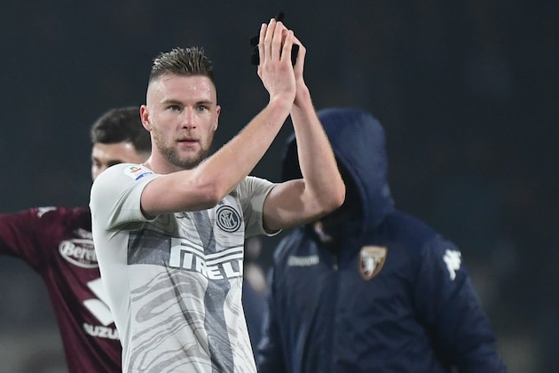 Inter Milan's Slovak defender Milan Skriniar reacts at the end of the Italian Serie A football match Torino vs Inter Milan on January 27, 2019 at the Olympic stadium in Turin. (Photo by Miguel MEDINA / AFP)        (Photo credit should read MIGUEL MEDINA/AFP/Getty Images)