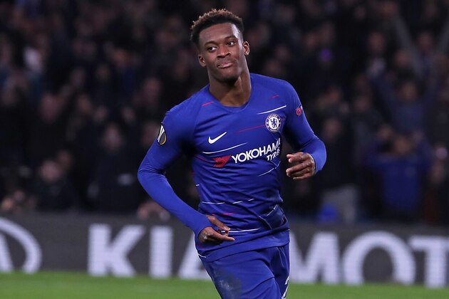 Chelsea's English midfielder Callum Hudson-Odoi celebrates after scoring their third goal during the UEFA Europa League round of 32, 2nd leg football match between Chelsea and Malmo at Stamford Bridge in London on February 21, 2019. (Photo by Daniel LEAL-OLIVAS / AFP)        (Photo credit should read DANIEL LEAL-OLIVAS/AFP/Getty Images)