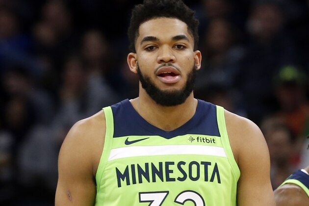 Minnesota Timberwolves' Karl-Anthony Towns plays against the New Orleans Pelicans in an NBA basketball game Saturday, Jan. 12, 2019, in Minneapolis. (AP Photo/Jim Mone)