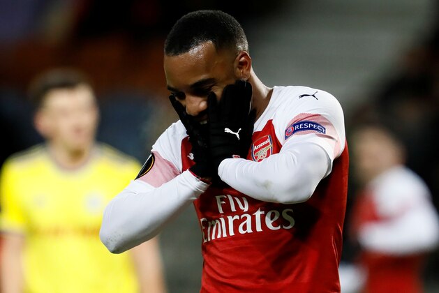 BARYSAW, BELARUS - FEBRUARY 14: Alexandre Lacazette of Arsenal reacts during the UEFA Europa League Round of 32 First Leg match between BATE Barysaw and Arsenal at Barysaw-Arena on February 14, 2019 in Barysaw, Belarus. (Photo by MB Media/Getty Images)