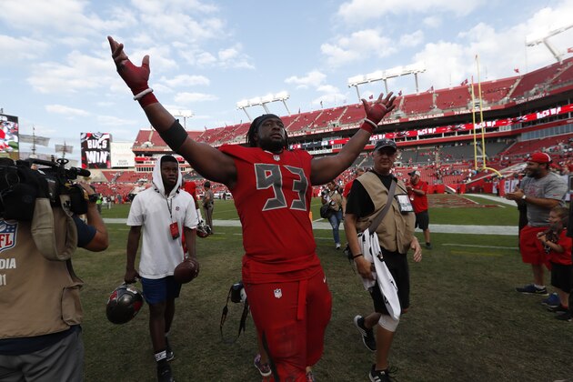 Tampa Bay Buccaneers defensive tackle Gerald McCoy (93) after an NFL football game against the Carolina Panthers Sunday, Dec. 2, 2018, in Tampa, Fla. (AP Photo/Mark LoMoglio)