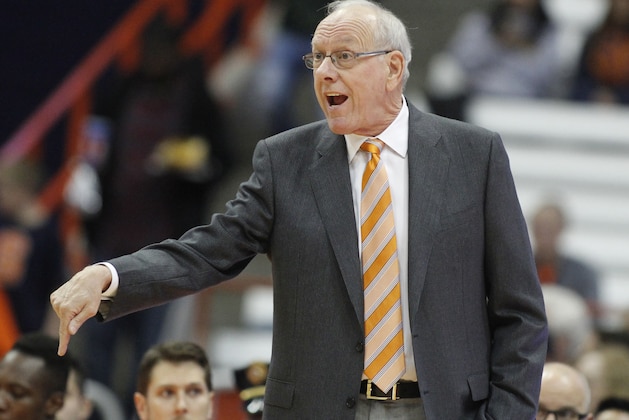 Syracuse head coach Jim Boeheim yells to his players during the first half of a preseason NCAA college basketball game against Le Moyne in Syracuse, N.Y., Wednesday, Oct. 31, 2018. (AP Photo/Nick Lisi)