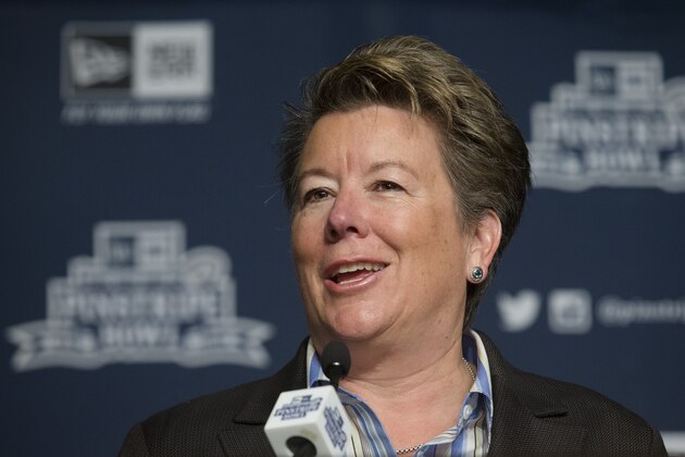 Penn State athletic director Sandy Barbour speaks during a news conference at Yankee Stadium regarding the upcoming Pinstripe Bowl between Penn State and Boston College, Tuesday, Dec. 9, 2014, in the Bronx borough of New York.(AP Photo/John Minchillo)