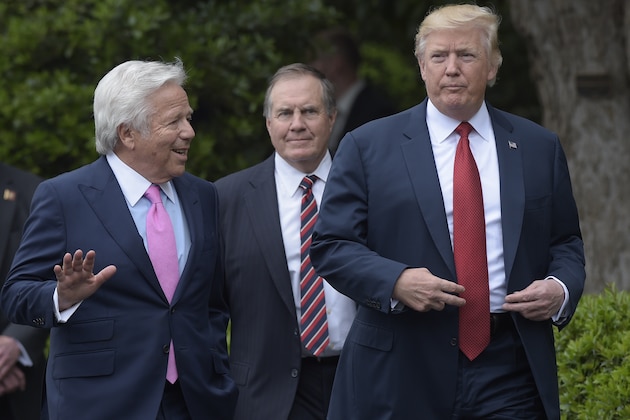 President Donald Trump talks with New England Patriots owner Robert Kraft, left, followed by head coach Bill Belichick as they arrive for a ceremony on the South Lawn of the White House in Washington, Wednesday, April 19, 2017, where the president honored the Super Bowl Champion New England Patriots for their Super Bowl LI victory. (AP Photo/Susan Walsh)