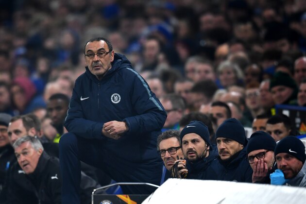 LONDON, ENGLAND - FEBRUARY 21: Maurizio Sarri of Chelsea looks on during the UEFA Europa League Round of 32 Second Leg match between Chelsea and Malmo FF at Stamford Bridge on February 21, 2019 in London, England. (Photo by Clive Mason/Getty Images)