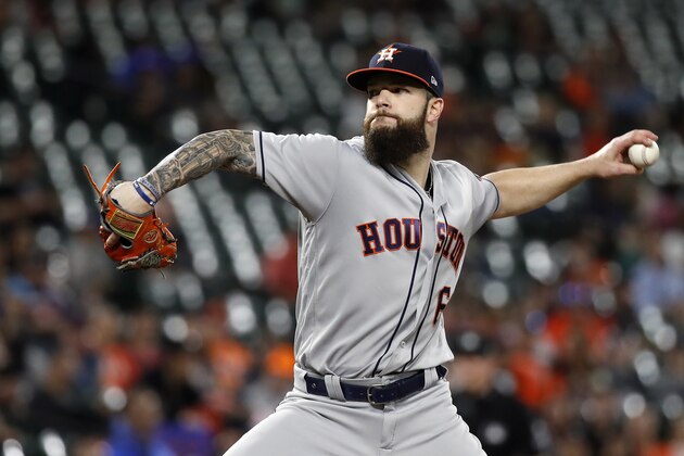 BALTIMORE, MD - SEPTEMBER 29: Starting pitcher Dallas Keuchel #60 of the Houston Astros pitches in the second inning against the Baltimore Orioles during Game Two of a doubleheader  at Oriole Park at Camden Yards on September 29, 2018 in Baltimore, Maryland. (Photo by Patrick McDermott/Getty Images)