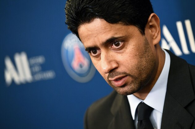 Paris Saint-Germain's Qatari president Nasser Al-Khelaifi answers to the press during a press conference to annonce new shirt sponsorship deal with the French multinational Accor at the Parc des Princes stadium in Paris on February 22, 2019. - PSG will wear on their shirts the logo of ALL, the loyalty program of Accor, one of the largest hotel chains in the world and whose headquarters are located just outside Paris. (Photo by FRANCK FIFE / AFP)        (Photo credit should read FRANCK FIFE/AFP/Getty Images)