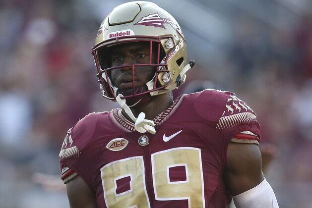 Florida State's Brian Burns watches the outcome of a play during an NCAA college football game with Northern Illinois, Saturday, Sept.22, 2018, in Tallahassee Fla. Florida State won 37-19. (AP Photo/Steve Cannon)