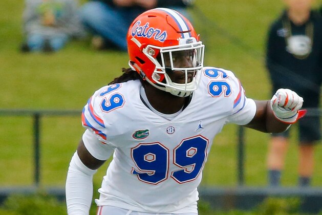 NASHVILLE, TN - OCTOBER 13:  Jachai Polite #99 of the Florida Gators plays against the Vanderbilt Commodores at Vanderbilt Stadium on October 13, 2018 in Nashville, Tennessee.  (Photo by Frederick Breedon/Getty Images)