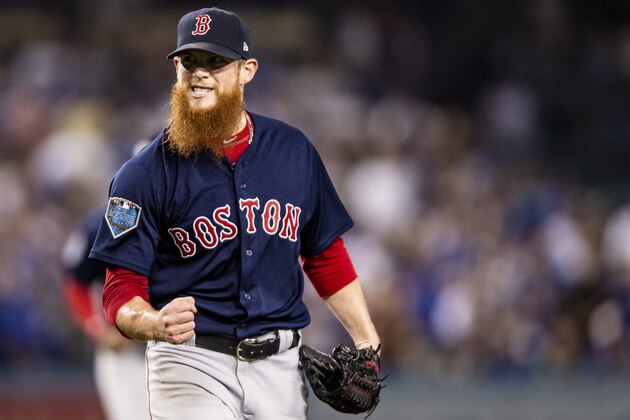 LOS ANGELES, CA - OCTOBER 26: Craig Kimbrel #46 of the Boston Red Sox reacts after retiring the side in the ninth inning against the Los Angeles Dodgers in Game Three of the 2018 World Series at Dodger Stadium on October 26, 2018 in Los Angeles, California. (Photo by Billie Weiss/Boston Red Sox/Getty Images)
