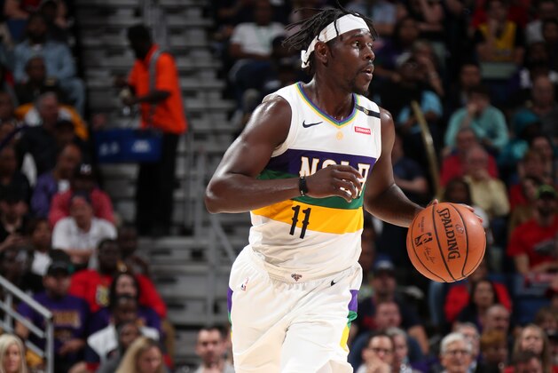 NEW ORLEANS, LA - FEBRUARY 23: Jrue Holiday #11 of the New Orleans Pelicans handles the ball against the Los Angeles Lakers  on February 23, 2019 at the Smoothie King Center in New Orleans, Louisiana. NOTE TO USER: User expressly acknowledges and agrees that, by downloading and or using this Photograph, user is consenting to the terms and conditions of the Getty Images License Agreement. Mandatory Copyright Notice: Copyright 2019 NBAE (Photo by Nathaniel S. Butler/NBAE via Getty Images)