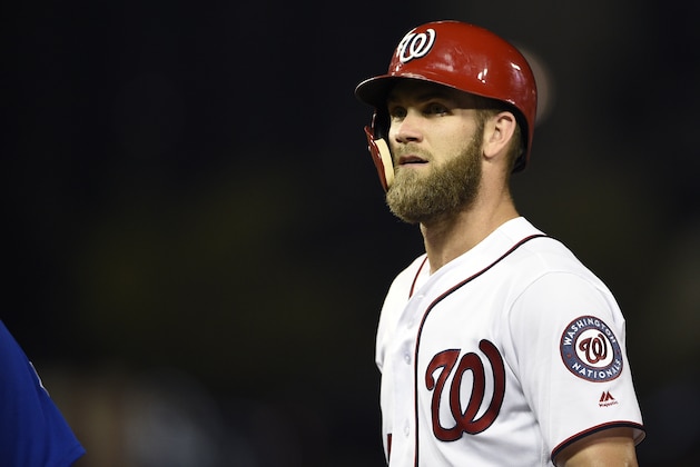 Washington Nationals' Bryce Harper stands on the field during a baseball game against the Chicago Cubs, Thursday, Sept. 6, 2018, in Washington. (AP Photo/Nick Wass)