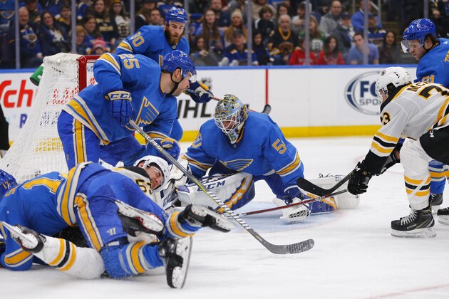 St. Louis Blues' goalie Jordan Binnington makes a save against the Boston Bruins during the third period of an NHL hockey game Saturday, Feb. 23, 2019, in St. Louis. (AP Photo/Dilip Vishwanat)