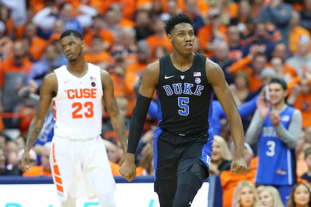 SYRACUSE, NY - FEBRUARY 23:  RJ Barrett #5 of the Duke Blue Devils reacts to a play against the Syracuse Orange during the second half at the Carrier Dome on February 23, 2019 in Syracuse, New York. Duke defeated Syracuse 75-65. (Photo by Rich Barnes/Getty Images)