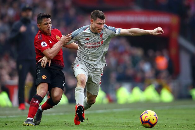 MANCHESTER, ENGLAND - FEBRUARY 24:  Alexis Sanchez of Manchester United battles for possession with James Milner of Liverpool during the Premier League match between Manchester United and Liverpool FC at Old Trafford on February 24, 2019 in Manchester, United Kingdom.  (Photo by Clive Brunskill/Getty Images)