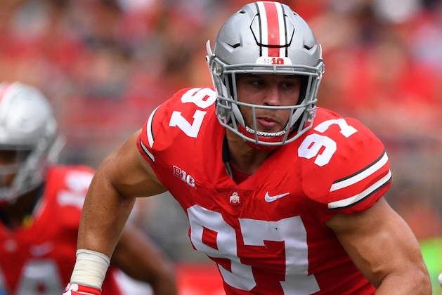 COLUMBUS, OH - SEPTEMBER 1:  Nick Bosa #97 of the Ohio State Buckeyes defends against the Oregon State Beavers at Ohio Stadium on September 1, 2018 in Columbus, Ohio. Ohio State defeated Oregon State 77-31.  (Photo by Jamie Sabau/Getty Images)