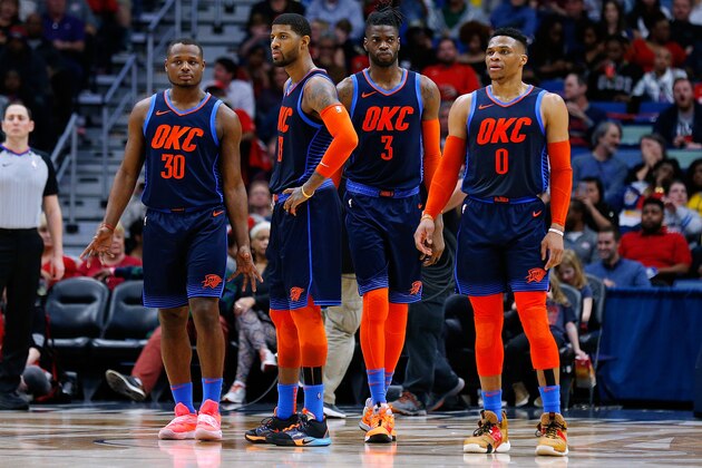 NEW ORLEANS, LOUISIANA - FEBRUARY 14: Deonte Burton #30 of the Oklahoma City Thunder Paul George #13. Nerlens Noel #3 and Russell Westbrook #0 react during the second half against the New Orleans Pelicans at the Smoothie King Center on February 14, 2019 in New Orleans, Louisiana. NOTE TO USER: User expressly acknowledges and agrees that, by downloading and or using this photograph, User is consenting to the terms and conditions of the Getty Images License Agreement. (Photo by Jonathan Bachman/Getty Images)