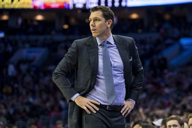 Los Angeles Lakers' head coach Luke Walton looks on during the first half of an NBA basketball game against the Philadelphia 76ers, Sunday, Feb. 10, 2019, in Philadelphia. The 76ers won 143-120. (AP Photo/Chris Szagola)