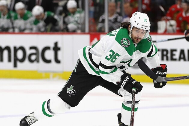 CHICAGO, ILLINOIS - FEBRUARY 24: Mats Zuccarello #36 of the Dallas Stars skates up the ice against the Chicago Blackhawks
at the United Center on February 24, 2019 in Chicago, Illinois. (Photo by Jonathan Daniel/Getty Images)