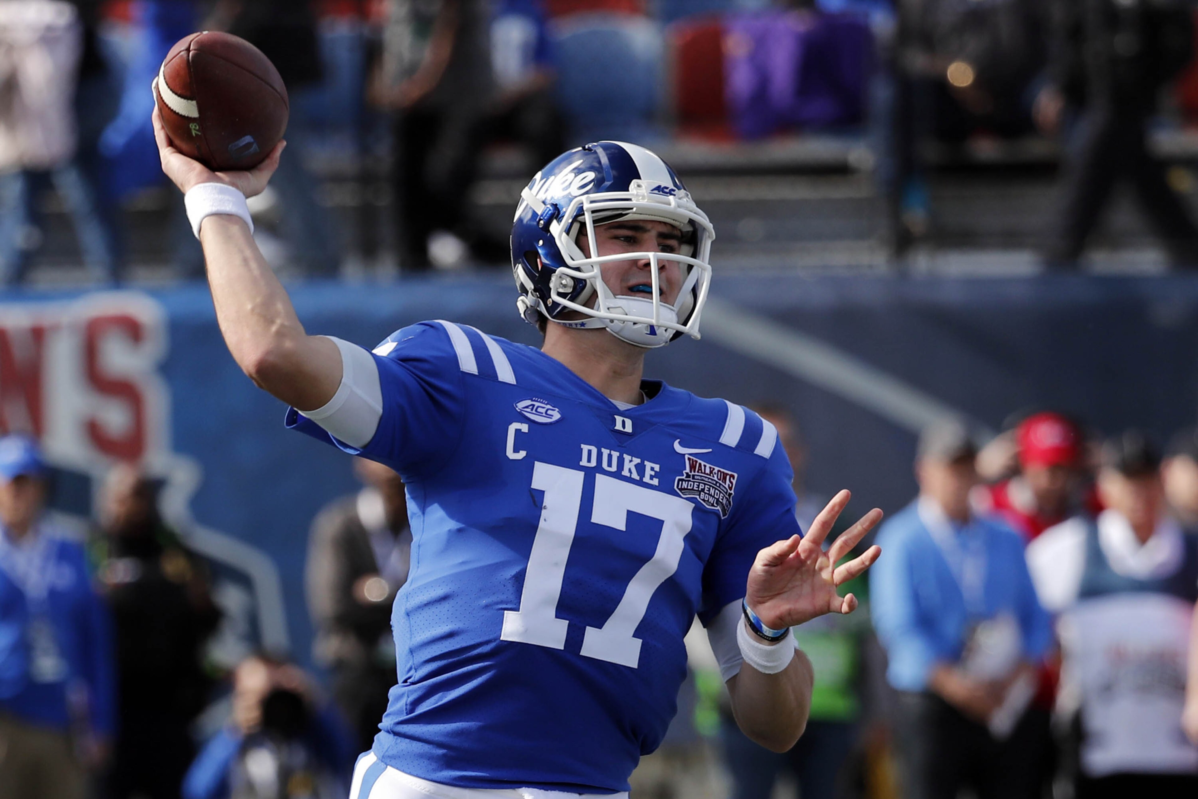 Duke quarterback Daniel Jones (17) passes against Temple during the first half of the Independence Bowl, an NCAA college football game in Shreveport, La., Thursday, Dec. 27, 2018. (AP Photo/Rogelio V. Solis) Duke quarterback Daniel Jones (17) passes against Temple during the first half of the Independence Bowl, an NCAA college football game in Shreveport, La., Thursday, Dec. 27, 2018. (AP Photo/Rogelio V. Solis)
