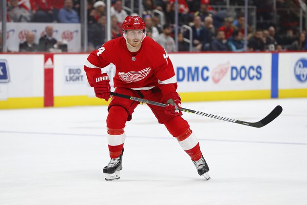 Detroit Red Wings right wing Gustav Nyquist skates against the San Jose Sharks in the second period of an NHL hockey game Sunday, Feb. 24, 2019, in Detroit. (AP Photo/Paul Sancya)