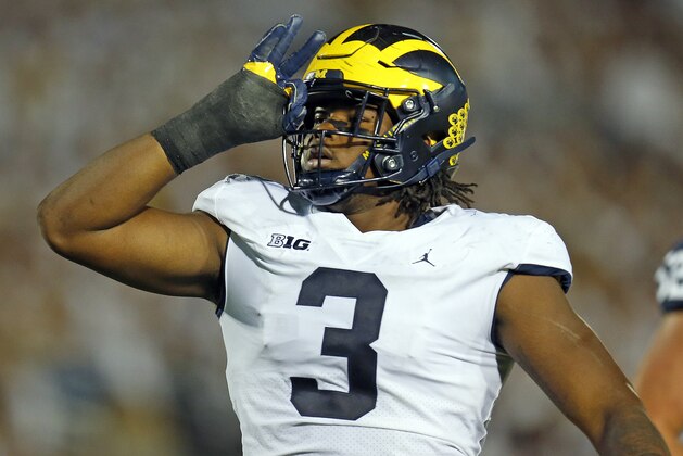 STATE COLLEGE, PA - OCTOBER 21:  Rashan Gary #3 of the Michigan Wolverines reacts after stopping the Penn State Nittany Lions on October 21, 2017 at Beaver Stadium in State College, Pennsylvania.  (Photo by Justin K. Aller/Getty Images)