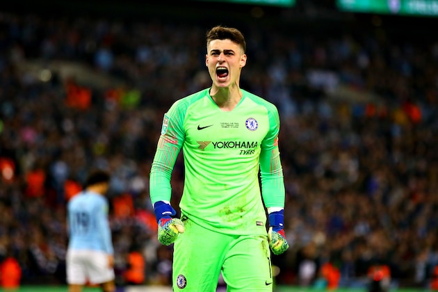 LONDON, ENGLAND - FEBRUARY 24: Kepa Arrizabalaga of Chelsea celebrates after saving the penalty of Leroy Sane of Manchester City in the shootout during the Carabao Cup Final between Chelsea and Manchester City at Wembley Stadium on February 24, 2019 in London, England. (Photo by Chris Brunskill/Fantasista/Getty Images)