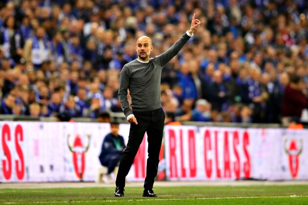 LONDON, ENGLAND - FEBRUARY 24: Manchester City manager Josep Guardiola looks on during the Carabao Cup Final between Chelsea and Manchester City at Wembley Stadium on February 24, 2019 in London, England. (Photo by Chris Brunskill/Fantasista/Getty Images)
