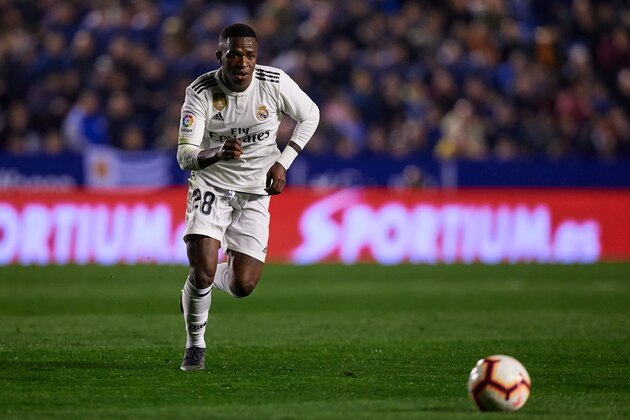 VALENCIA, SPAIN - FEBRUARY 24: Vinicius Junior of Real Madrid CF in action during the La Liga match between Levante UD and Real Madrid CF at Ciutat de Valencia on February 24, 2019 in Valencia, Spain. (Photo by David Aliaga/MB Media/Getty Images)