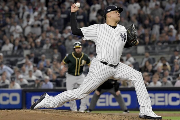 New York Yankees relief pitcher Dellin Betances delivers against the Oakland Athletics during the fifth inning of the American League wild-card playoff baseball game, Wednesday, Oct. 3, 2018, in New York. (AP Photo/Bill Kostroun)
