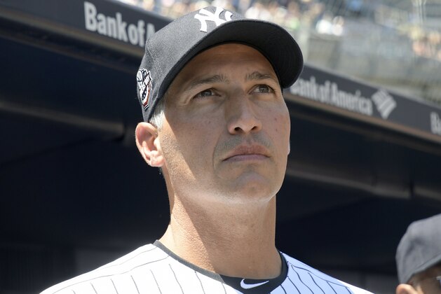 New York Yankees' Andy Pettitte waits to be introduced at the Yankees Old Timers' Day baseball game Sunday, June 17, 2018, at Yankee Stadium in New York. (AP Photo/Bill Kostroun)