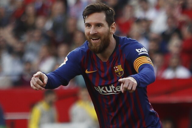 Barcelona forward Lionel Messi celebrates after scoring his side's second goal during La Liga soccer match between Sevilla and Barcelona at the Ramon Sanchez Pizjuan stadium in Seville, Spain. Saturday, February 23, 2019. (AP Photo/Miguel Morenatti)