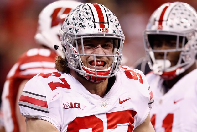 INDIANAPOLIS, IN - DECEMBER 02: Defensive lineman Nick Bosa #97 of the Ohio State Buckeyes celebrates after a sack against the Wisconsin Badgers in the second half during the Big Ten Championship game at Lucas Oil Stadium on December 2, 2017 in Indianapolis, Indiana.  (Photo by Andy Lyons/Getty Images)