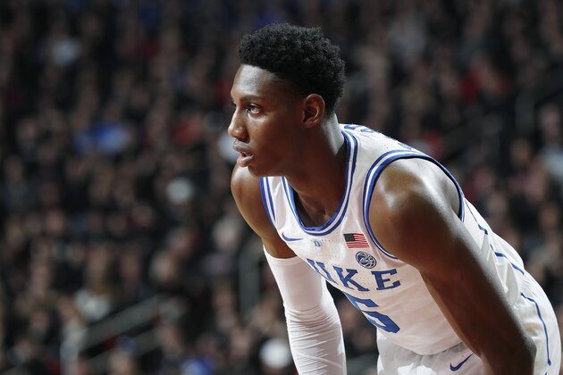 LOUISVILLE, KY - FEBRUARY 12: RJ Barrett #5 of the Duke Blue Devils looks on during the game against the Louisville Cardinals at KFC YUM! Center on February 12, 2019 in Louisville, Kentucky. Duke came from behind to win 71-69. (Photo by Joe Robbins/Getty Images)